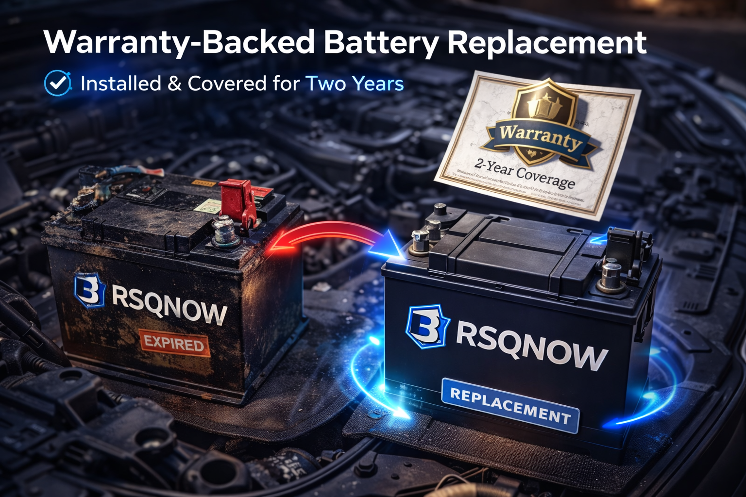 Hands placing a branded RSQNOW battery in a vehicle tray
