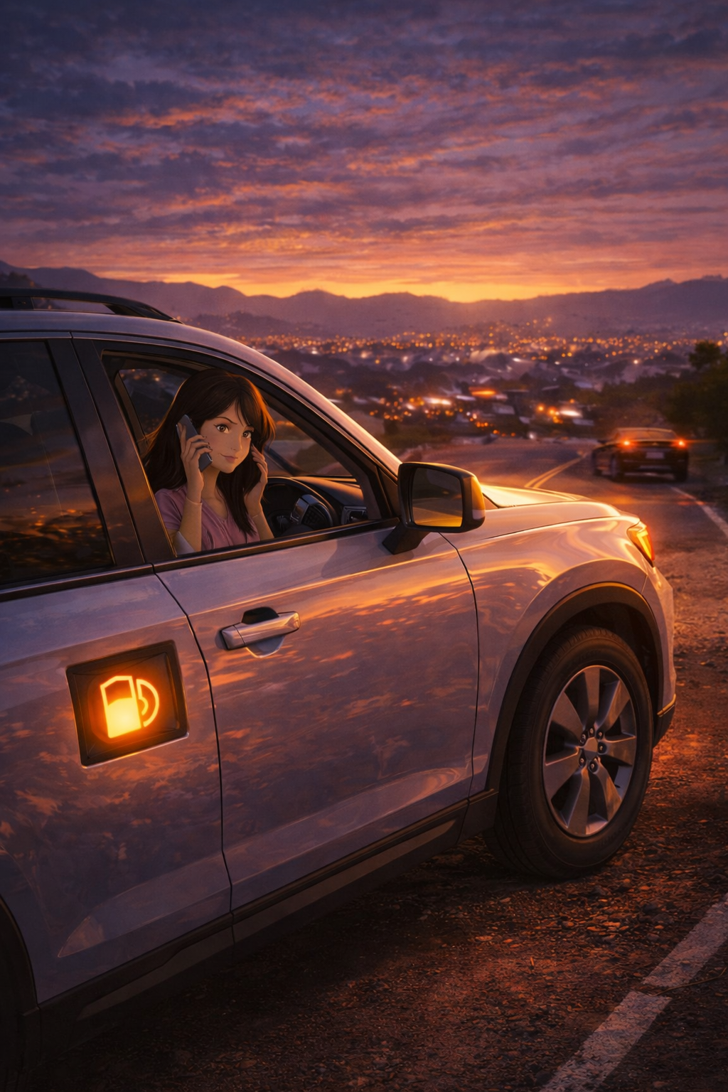 Out of gas roadside scene — before fuel delivery