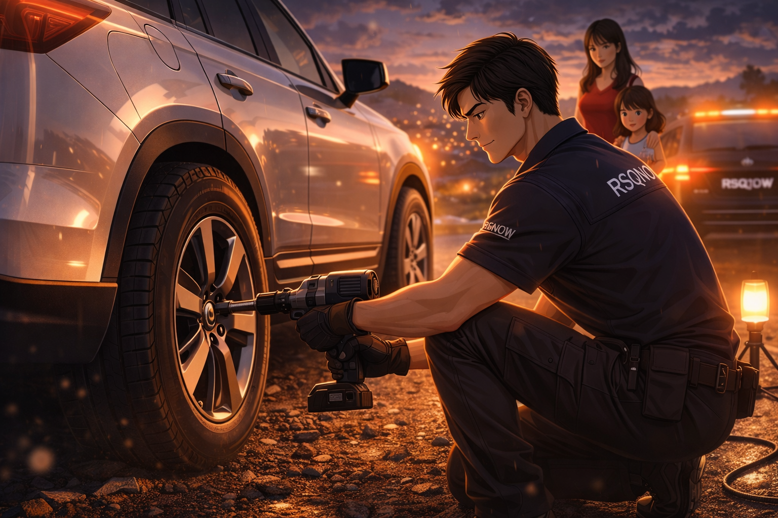 Technician installing tire roadside