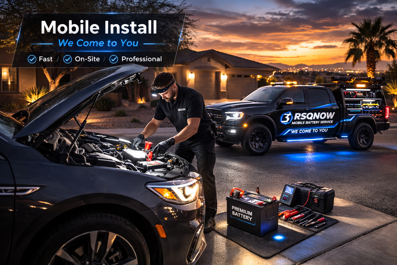 Mobile battery installation in Phoenix (RSQNOW technician installing a battery on-site)